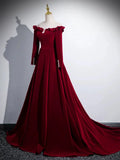 A-line Wine Red Velvet Long Sleeves Low Back Prom Dress, Wine Red Party Dress HZ1024