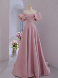 Pink Satin A-line Floor Length Party Dress, Pink Satin Short Sleeves Prom Dress HZ1024