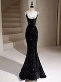 Black Sequins Mermaid Straps Beaded Prom Dress, Black Sequins Party Dress HZ1024