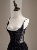 Black Sequins Mermaid Straps Beaded Prom Dress, Black Sequins Party Dress HZ1024