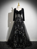 Black Long Sleeves Velet and Tulle Party Dress, Black Sweetheart Prom Dress HZ1024