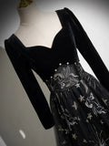 Black Long Sleeves Velet and Tulle Party Dress, Black Sweetheart Prom Dress HZ1024