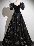 Black A-line Short Sleeves Sweetheart Floral Long PartY Dress, Black Prom Dress HZ1024
