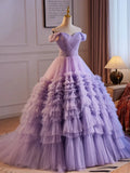 Purple Off Shoulder Sweetheart Tulle Sweet 16 Dress, Purple Tulle Long Prom Dress HZ1024