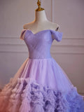 Purple Off Shoulder Sweetheart Tulle Sweet 16 Dress, Purple Tulle Long Prom Dress HZ1024