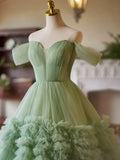 Green Sweetheart Tulle Off Shoulder Layers Long Formal Dress, Green Sweet 16 Dress HZ1024