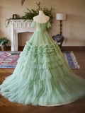 Green Sweetheart Tulle Off Shoulder Layers Long Formal Dress, Green Sweet 16 Dress HZ1024