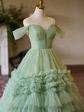 Green Sweetheart Tulle Off Shoulder Layers Long Formal Dress, Green Sweet 16 Dress HZ1024