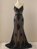 Black Mermaid Lace Straps Evening Dress Party Dress, Black Long Prom Dress HZ1024