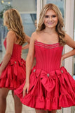 Vintage Red Beading Bow Ruffled Hem Design Strapless Homecoming Dress HZ1024