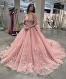 Gorgeous Pink Sweetheart Applique Off-the-shoulder Sweet 16 Quinceanera A-Line Prom Dress Birthday Dress Evening Dress Ball Gown HZ1024
