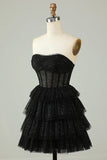 Gorgeous Black Sequined Design A-line Strapless Tiered Homecoming Dress HZ1024